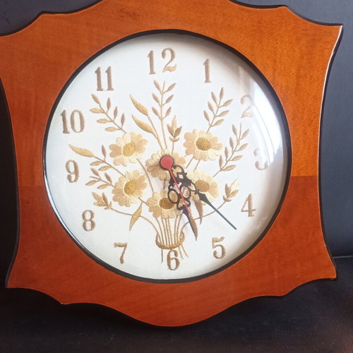 Vintage Solid Wood Wall Clock with Embroidered Dial 1980s-1990s