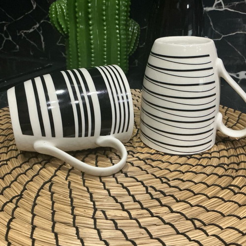 Set of 2 ceramic mugs black and white striped like new