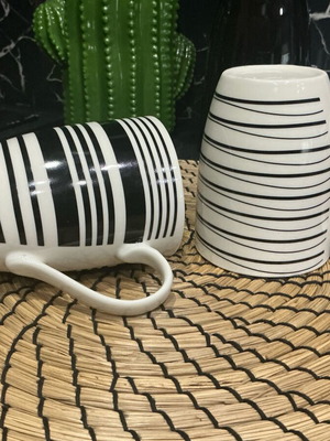 Set of 2 ceramic mugs black and white striped like new