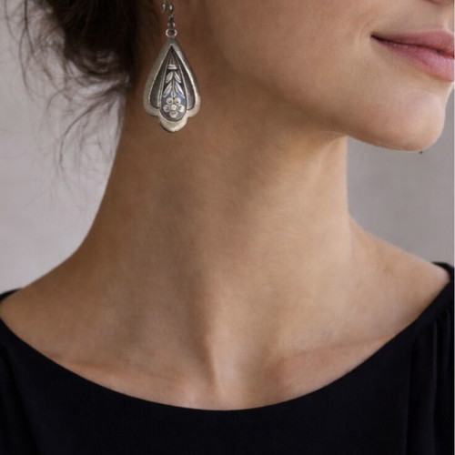 Vintage blackened silver drop earrings used with floral engraving