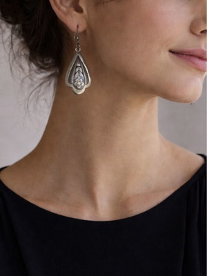 Vintage blackened silver drop earrings used with floral engraving