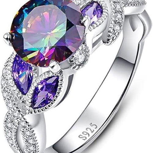 Women's ring new with rainbow cubic zirconia and amethysts