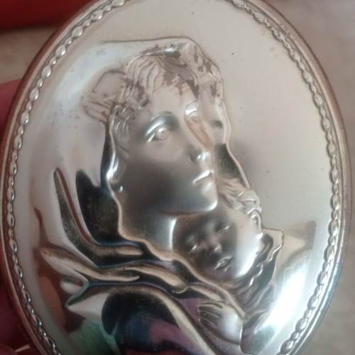 Religious silver image like new, 7x9 cm, wooden back for baby cradle