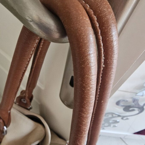 Leather shoulder bag used, large, beige and brown