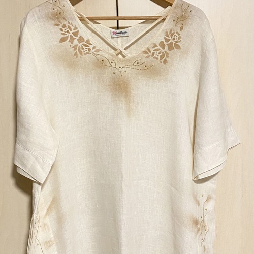 Mariluna Linen Long Dress New, White with Gold-Brown Details