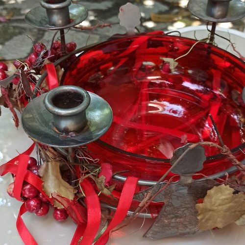 Metal Table Candlestick with 4 Candle Holders and Red Glass Bowl like new