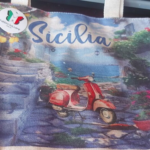 Canvas handbag new medium size from Sicily, white multicolor
