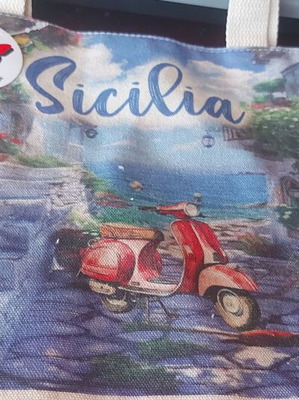 Canvas handbag new medium size from Sicily, white multicolor