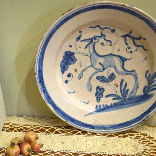 Antique Italian Hand-Painted Dish with Deer, Savona, Mid-19th Century Used