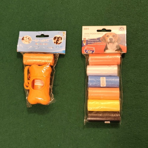 Dog poop bag dispenser set with refill rolls, orange and multicolor