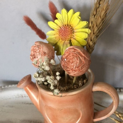 Handmade decorative watering can with aromatic plaster flowers new