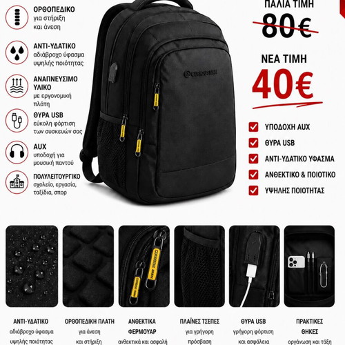 Backpack new, waterproof with USB port and ergonomic back