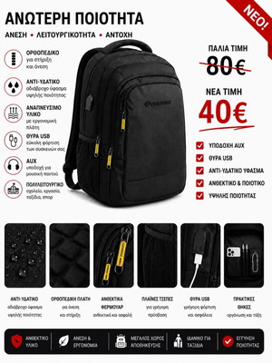 Backpack new, waterproof with USB port and ergonomic back