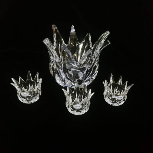 Rogaska Lotus bowl and three lead crystal candlesticks like new