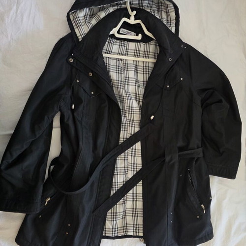 Women's black jacket halfcoat with hood and checkered lining like new, size M
