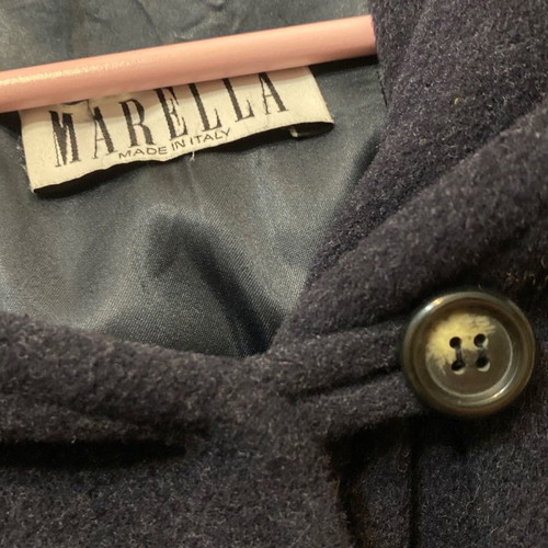 Marella oversized coat used, cross style with belt and hood dark blue