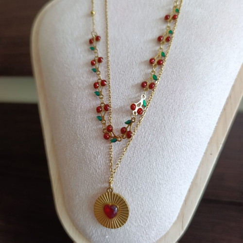 Stainless Steel Necklace with Cherries and Heart like new, red and gold
