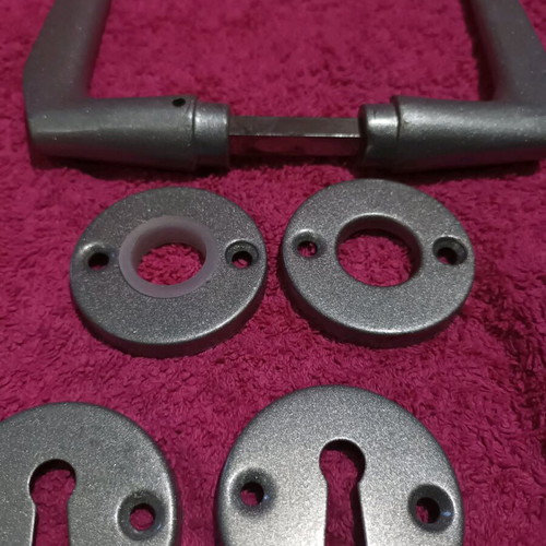 Aluminum Door Handle Set with Rosette and Lock Escutcheon like new