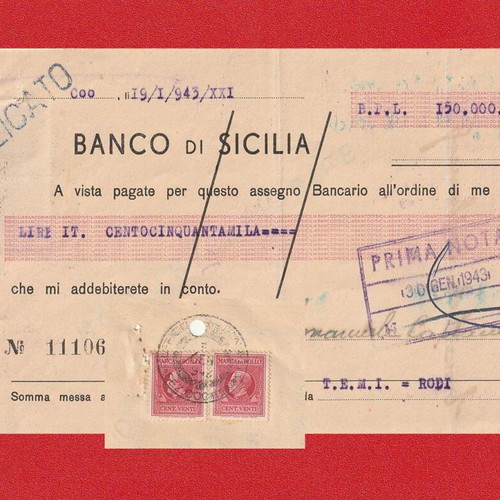 Historical Italian Period Check used, Banca di Cicilia 1943, Rodi