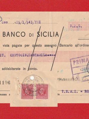 Historical Italian Period Check used, Banca di Cicilia 1943, Rodi