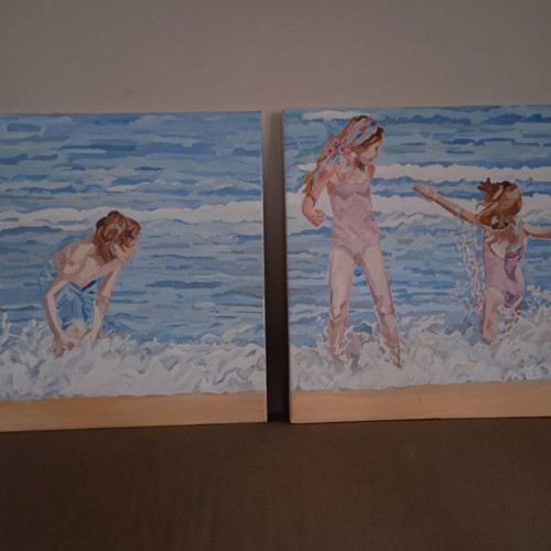 Diptych painting Playing with the Waves No2 new, acrylic 40x40 cm (x2)