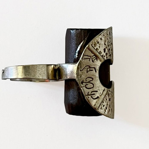 Forged ring with wooden cylinder, like new, brown and silver