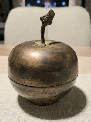 Silver-plated candy container used, apple-shaped with blue glass bowl