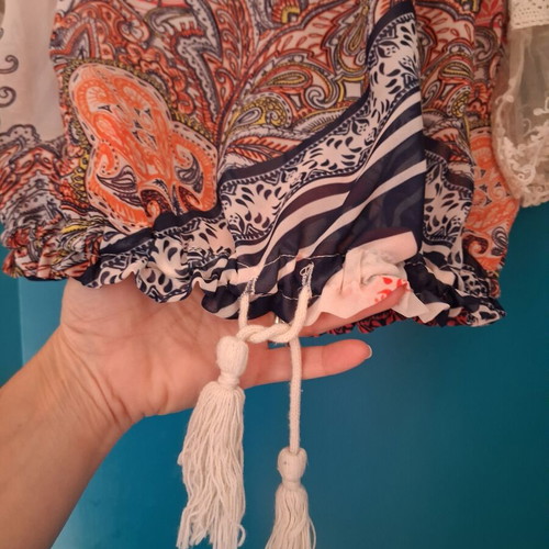 BSB Boho Off-Shoulder Blouse with Lace and Tassels, Like New, Size M