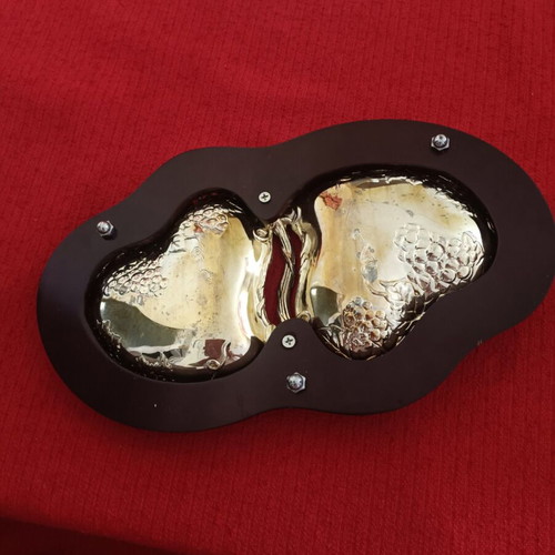 Plate for pistachios used, metal silver with wooden base