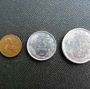 ΣΕΤ 3 ΤΟΥΡΚΙΚΩΝ ΝΟΜΙΣΜΑΤΩΝ 5 KURUS 1967, 25 KURUS 1968 & 1 LIRA 1977