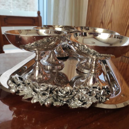 Set of silver-plated tray with six ice cream glasses and vase like new