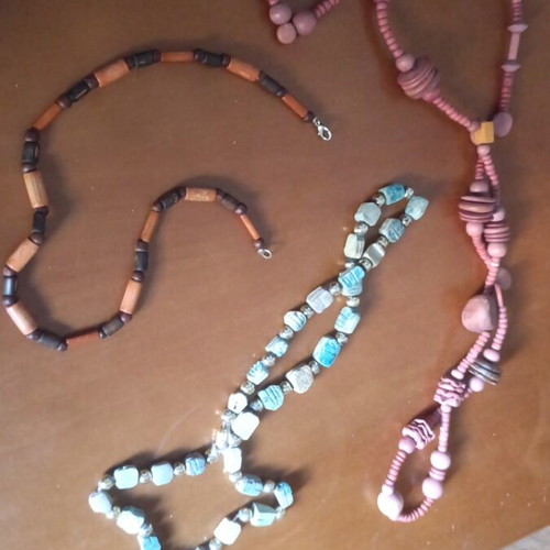 3 boho wooden bead necklaces in earthy colors