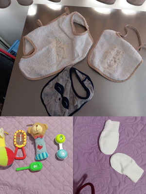 Baby essentials set like new with bibs, mittens and rattles