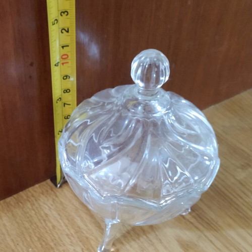 Small carved glass fondant dish with legs and lid