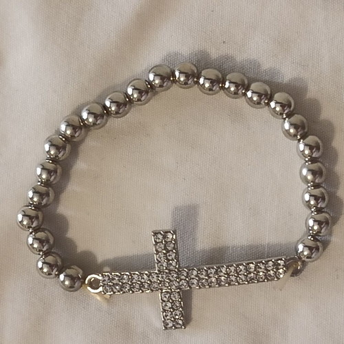 Women's bracelet with cross and elastic, silver