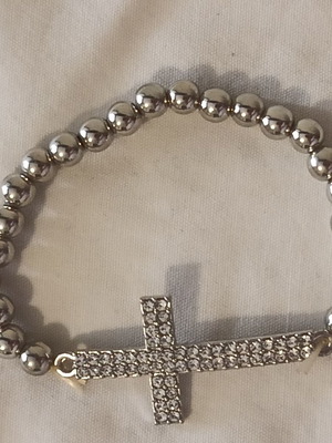 Women's bracelet with cross and elastic, silver