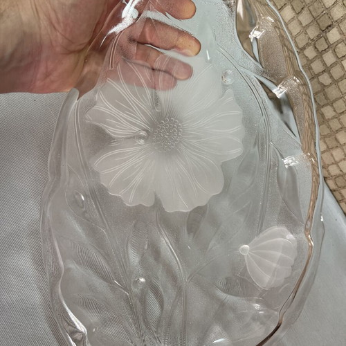 Vintage glass platter leaf-shaped with satin flowers XL used