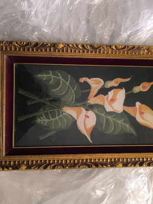 Embroidered painting with calla lilies like new, handmade