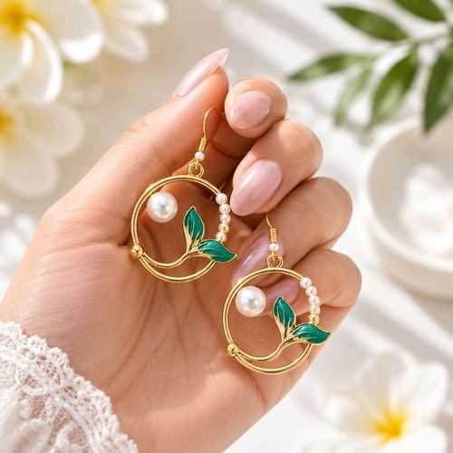 Handmade Mermaid's Pearl Earrings gold hoops with pearls and mermaid tail
