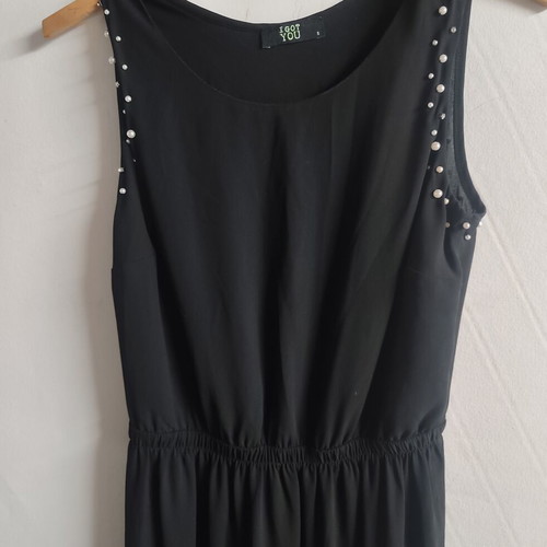 Black maxi dress like new with pearl shoulder decoration and side slit