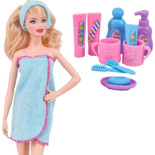 Blue Bath Doll Dress with 11 Bath Accessories new