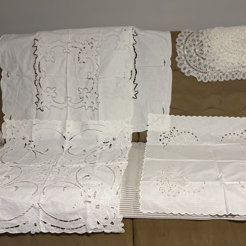Traditional handmade crochet table linens, 75 pieces, vintage