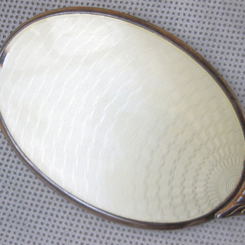 Hand mirror used, enamel and bijouterie