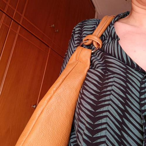 Leather shoulder bag used, brown tan with fabric lining