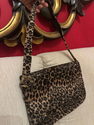 Leopard Print Shoulder Bag used with vintage brooch, velvet texture