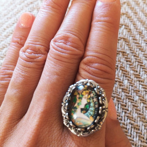 Handmade adjustable antique silver ring with Alfons Mucha art detail