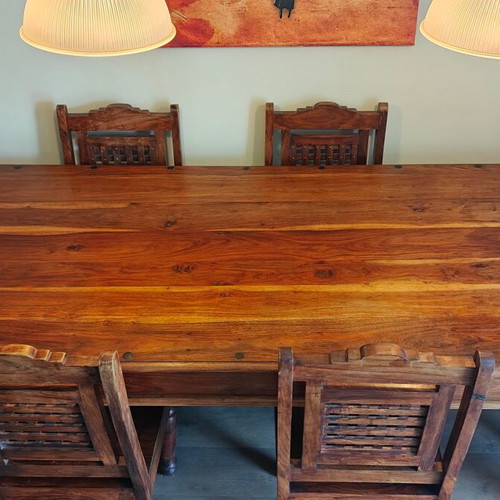 Indian Art Palace dining set, handmade solid wood with metal details