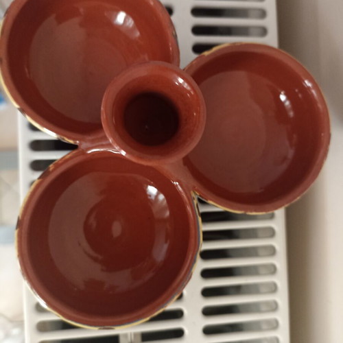 Ceramic salt cellar with three compartments and toothpick holder, like new