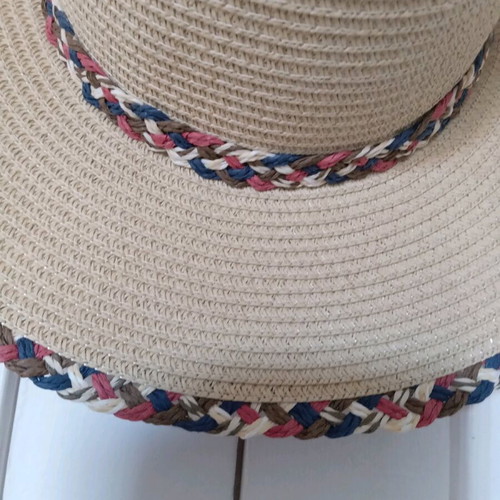 Straw hat new with decorative ribbon, size 57, beige multicolor