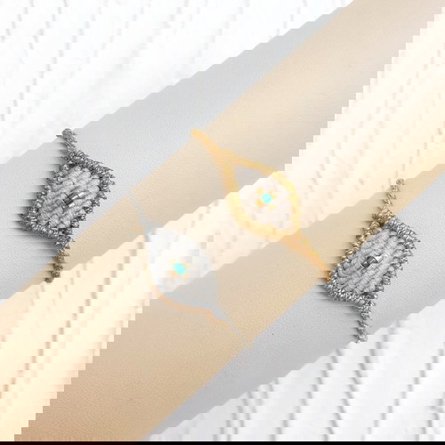 Βραχιόλι μάτι χρυσό και λευκό μακραμέ με σταυρό από χάντρες miyuki νέο